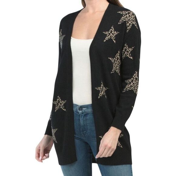 Magaschoni Open Front Leopard Stars Knit 100% Cashmere Cardigan Jacket Sz M - Picture 1 of 6